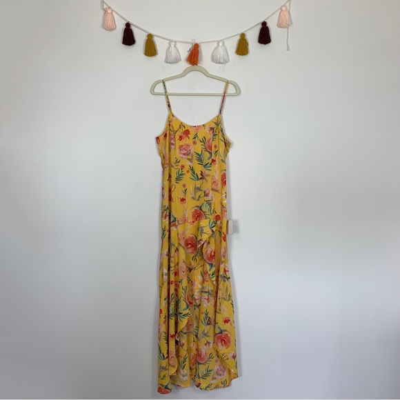 NWT Lulu’s Zinnia Mustard Yellow Floral Print High Low Maxi Dress Large - Picture 2 of 15